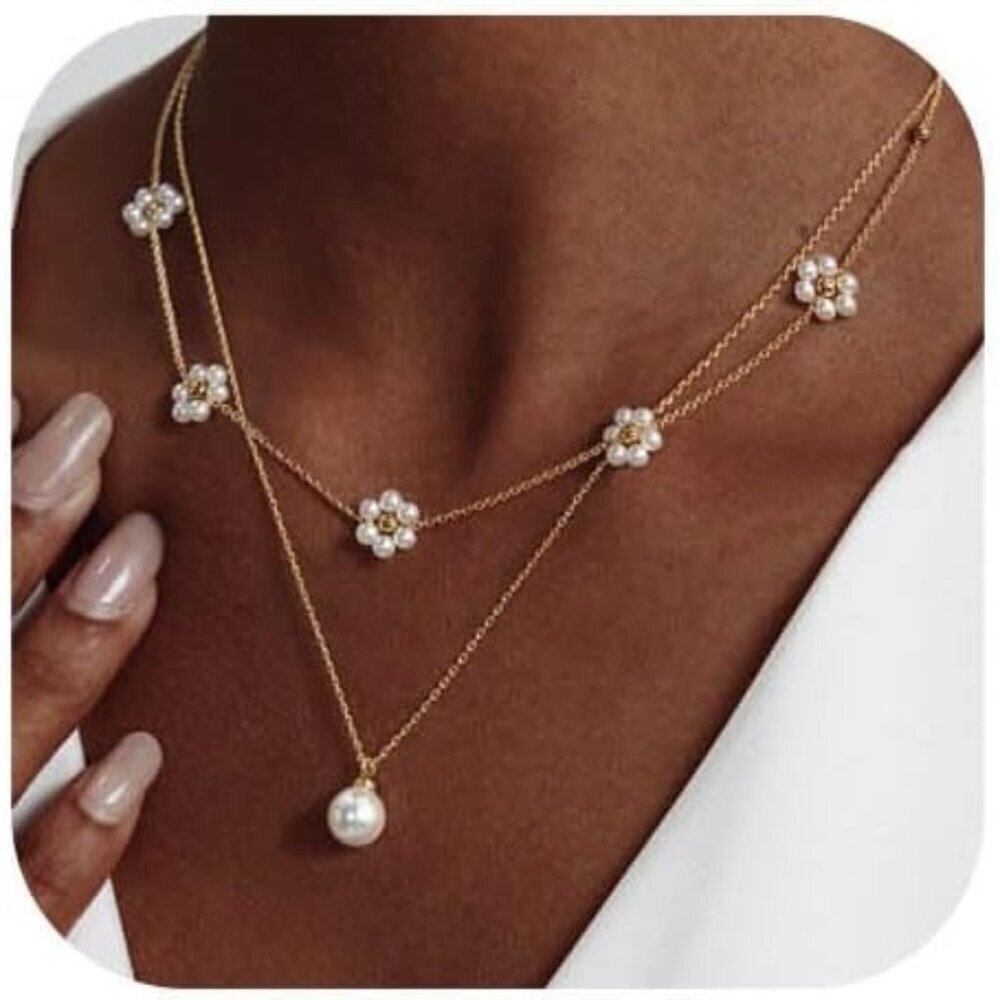 Gold Jewelry Set Women Dainty Daisy Pearl Choker Earrings Bracelet Wedding Gift
